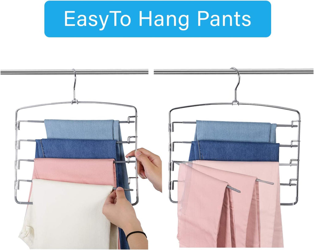 FeeraHozer Pants Hangers Space Saving 3 Pack No Slip 5 Layers Multi Functional Pants Rack Stainless Steel Swing Arm Space Saver Hanger for Trousers Jeans Towels Scarf （Grey）