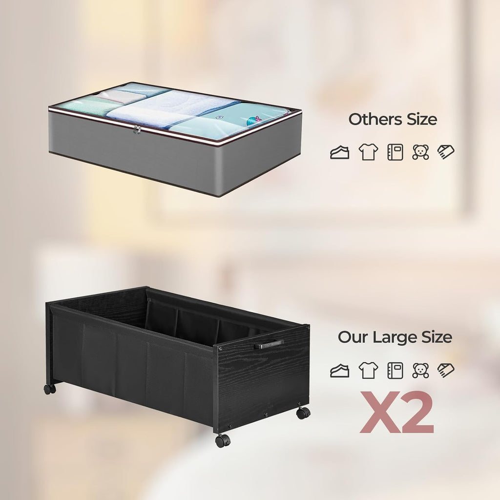 Under Bed Storage with Wheels, Wooden Under Bed Drawers On Wheels, Rolling Under Bed Shoe Storage, Space Saving, Black,Quadruple Size,90L