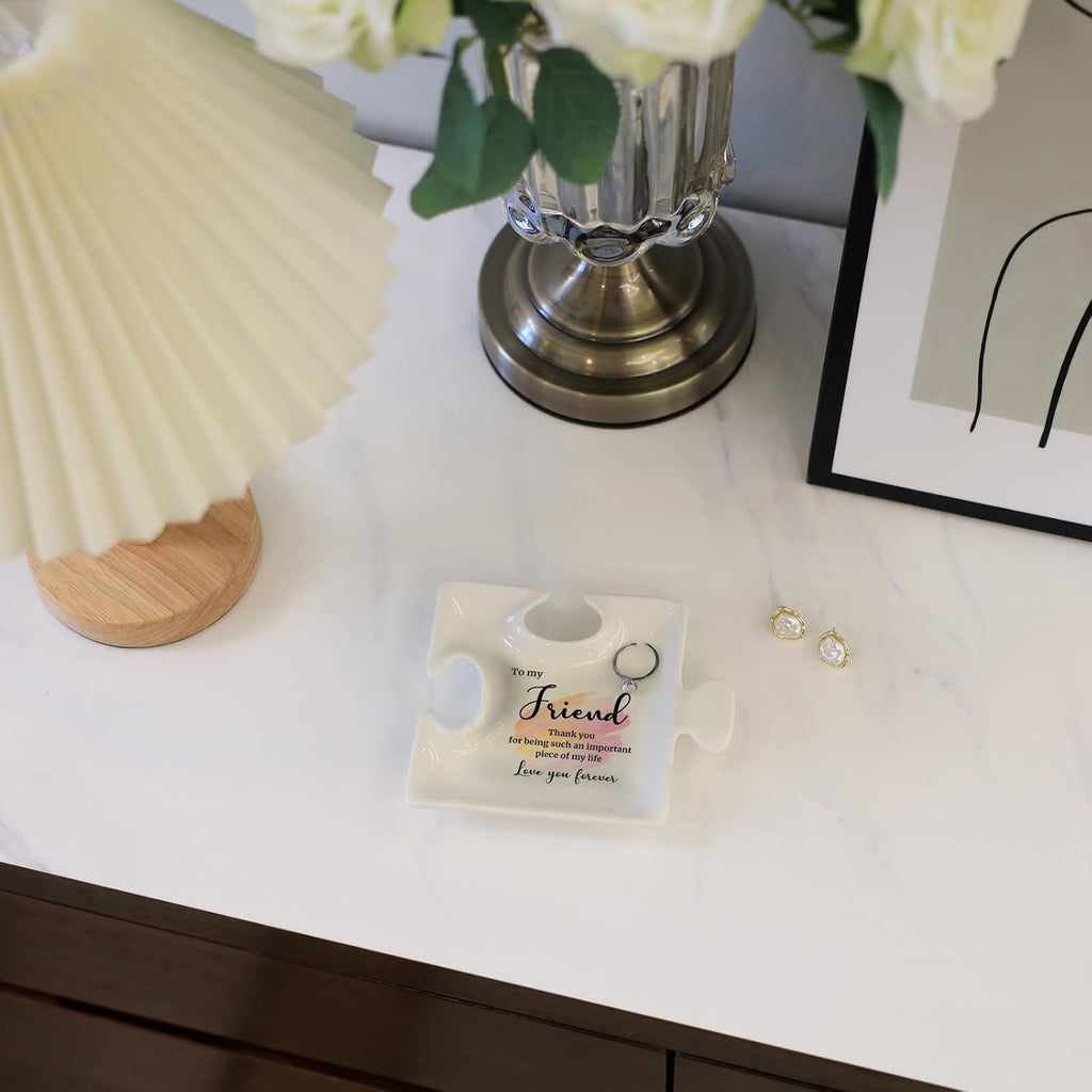 White Ceramic Puzzle Jewelry Tray - Ideal Personalized Gift for Friend on Birthday, Christmas - Thank You for Being Such an Important Piece of My Life Jewelry Organizer for Rings