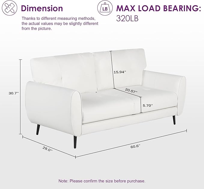 TYBOATLE Mid Century Modern White Leather Couch - 61" Loveseat, Tufted, Comfy 2 Seat Settee for Living Room or Office, Fits Small Spaces, Easy Assembly (2, White)