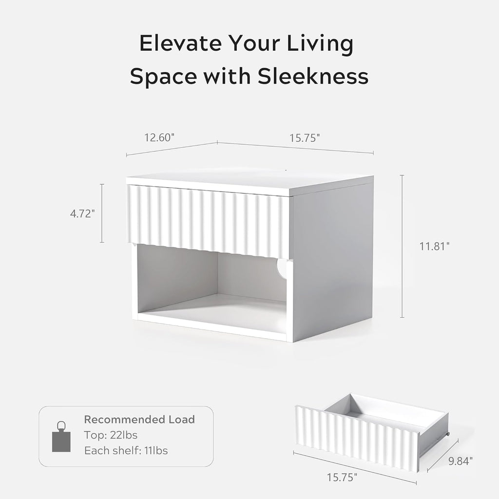 Fluted Floating Nightstand Set of 2 with Drawer, Modern Night Stand with Fluted Door and Open Storage Shelf Wall Mounted Bedside Table for Bedroom, Entryway White
