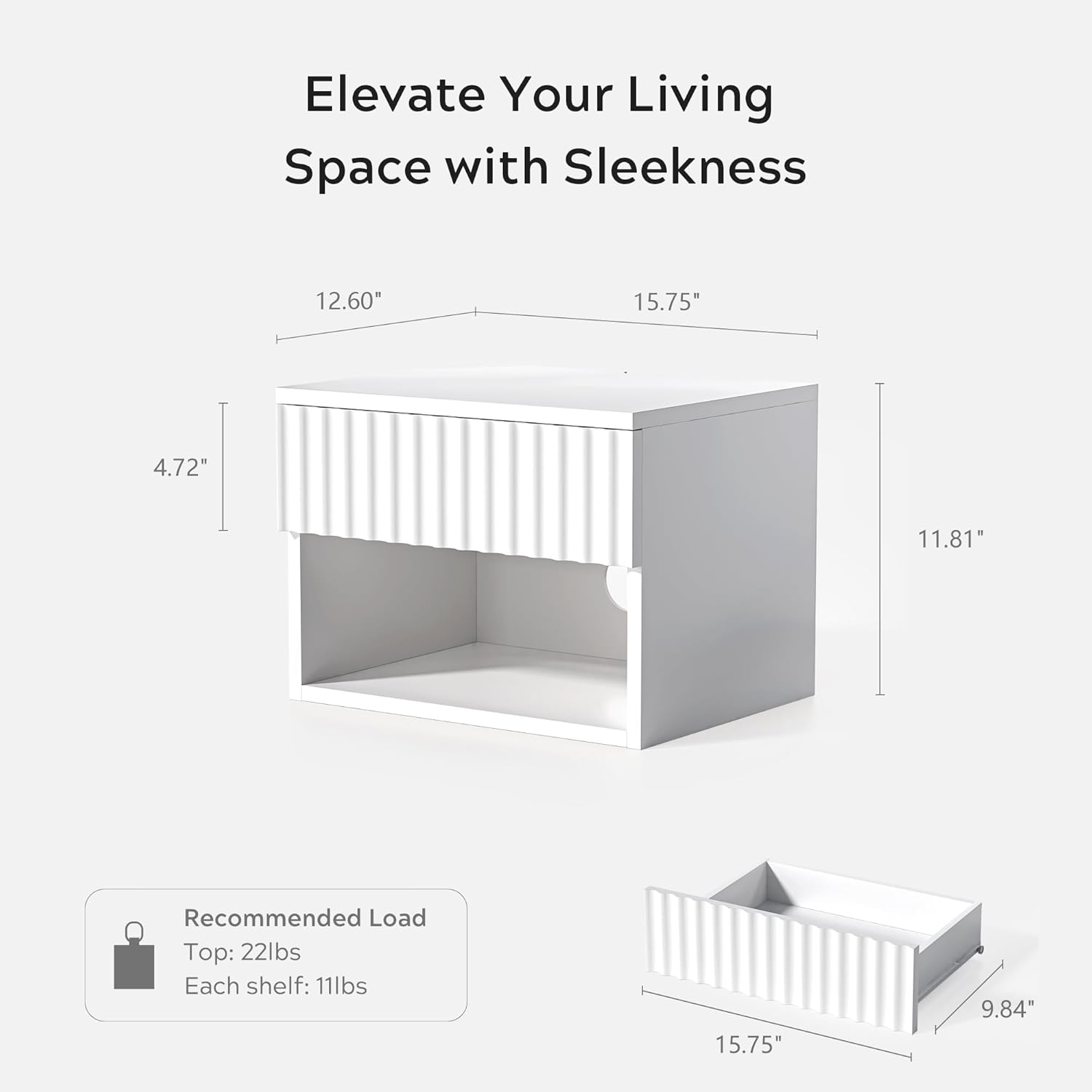 Fluted Floating Nightstand Set of 2 with Drawer, Modern Night Stand with Fluted Door and Open Storage Shelf Wall Mounted Bedside Table for Bedroom, Entryway White