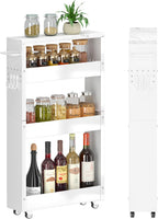 Slim Storage Cart, 5 in Width, 4-Tier White Rolling Cart with Handle & Wooden Top for Kitchen Bathroom Laundry Narrow Places