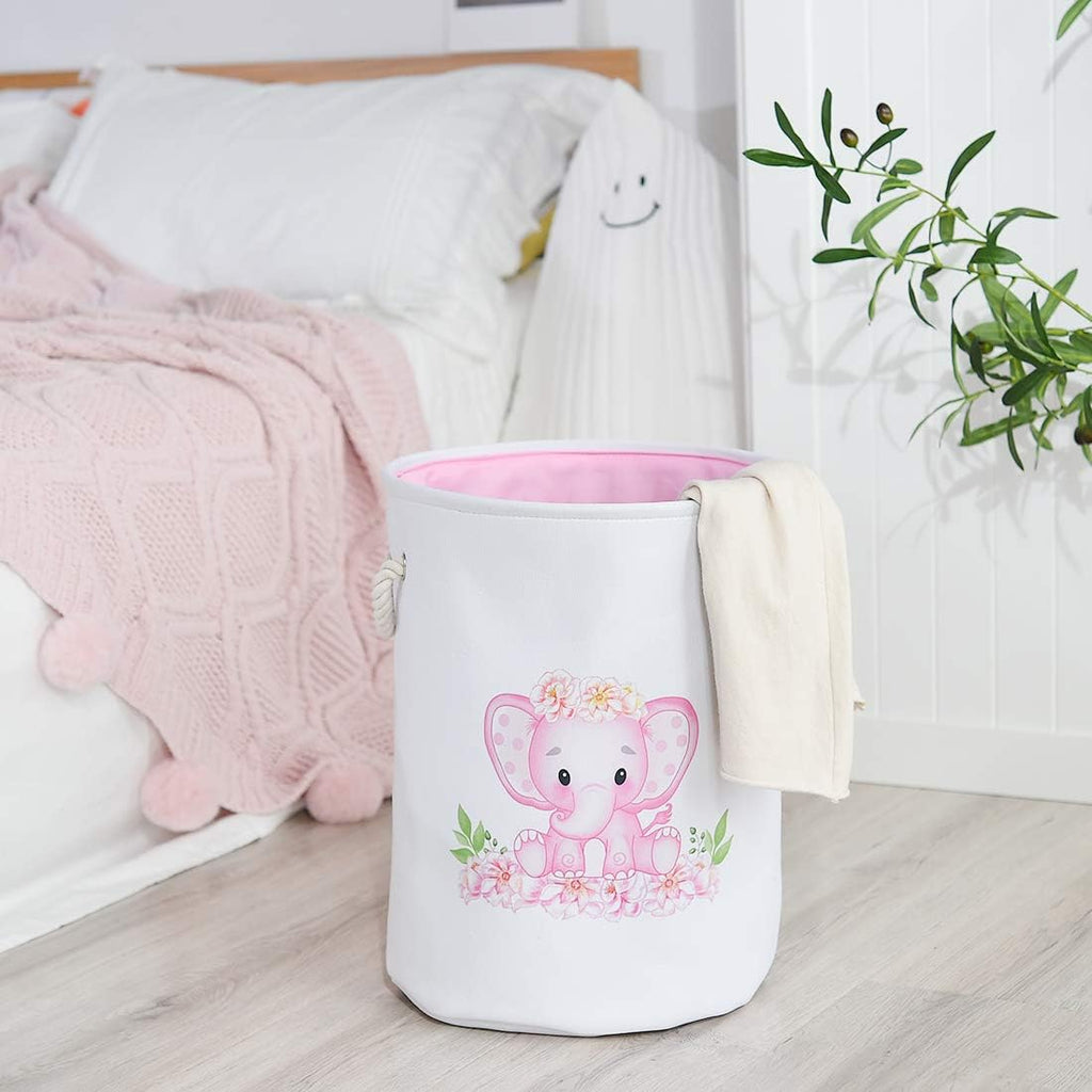Laundry Baskets Kids Laundry Hamper, Pink Baby Hamper Elephant Basket Large Collapsible Kids Hamper with Handles Waterproof Round Linen Storage Basket for Toddler/Girls (Pink Elephant)
