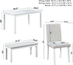 Dining Table Set for 5, 6 Piece Dining Room Table Set with Rectangular Crystal Decoration Table, 4 Upholstered Backrest Chairs and Bench, Counter Height Kitchen Sets with MDF Tabletop, White