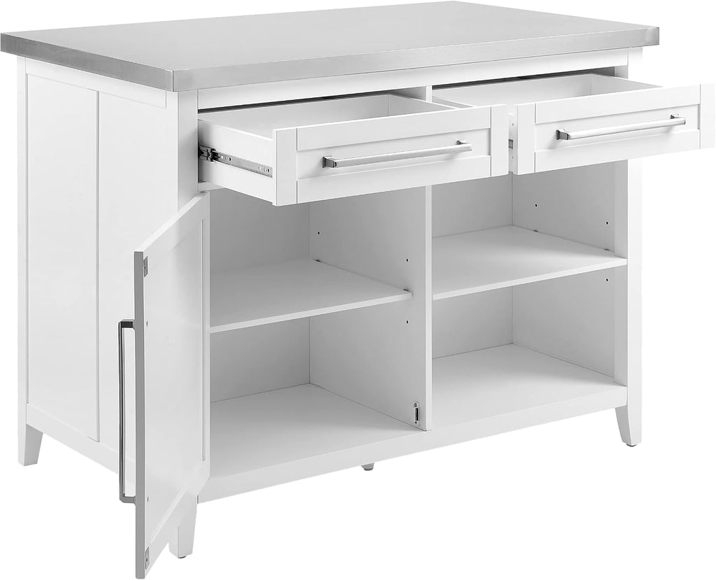 Crosley Furniture Silvia Stainless Steel Top Kitchen Island, Microwave Stand, Coffee Bar, with Shelves, White
