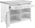 Crosley Furniture Silvia Stainless Steel Top Kitchen Island, Microwave Stand, Coffee Bar, with Shelves, White