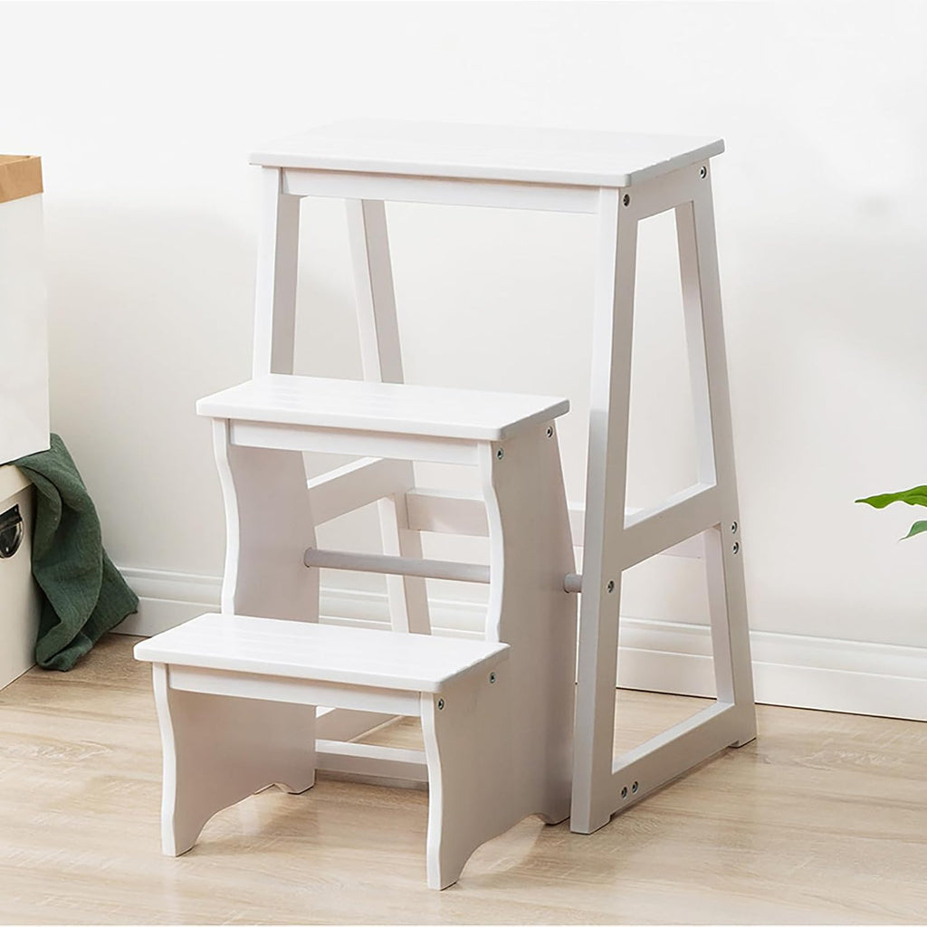 LYNICESHOP Folding Library Ladder Chair, 3-Step Wooden Folding Chair Lightweight Portable Multifunctional Step Stool, Stool Stepladders Display Stand and Flower Stand (White)