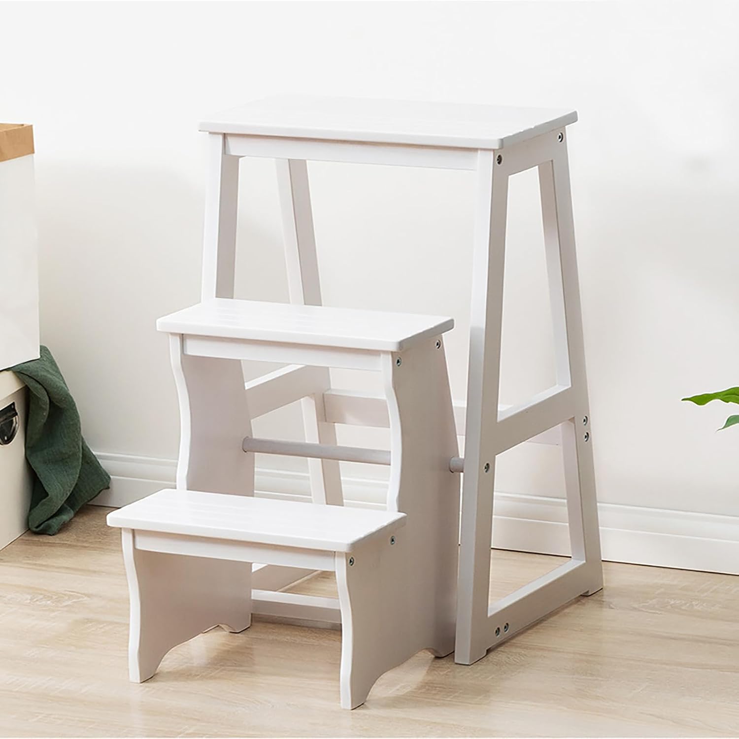 LYNICESHOP Folding Library Ladder Chair, 3-Step Wooden Folding Chair Lightweight Portable Multifunctional Step Stool, Stool Stepladders Display Stand and Flower Stand (White)