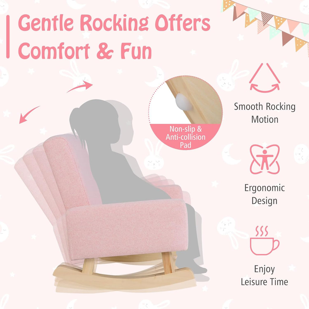 Kids Rocking Chair, Toddler Couch with Solid Wood Base & Non-Slip Pads, Durable Linen Fabric Toddlers Sofa, Children Rocker Armchair in Playroom, Nursery, Bedroom