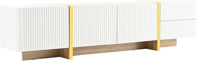 Ball & Cast Luxury Fluted TV Stand with Storage Cabinets for TVs up to 80", Modern Entertainment Center w/2 Drawers & Golden Wood Grain Leg, Media Console for Living Room,Bedroom,White
