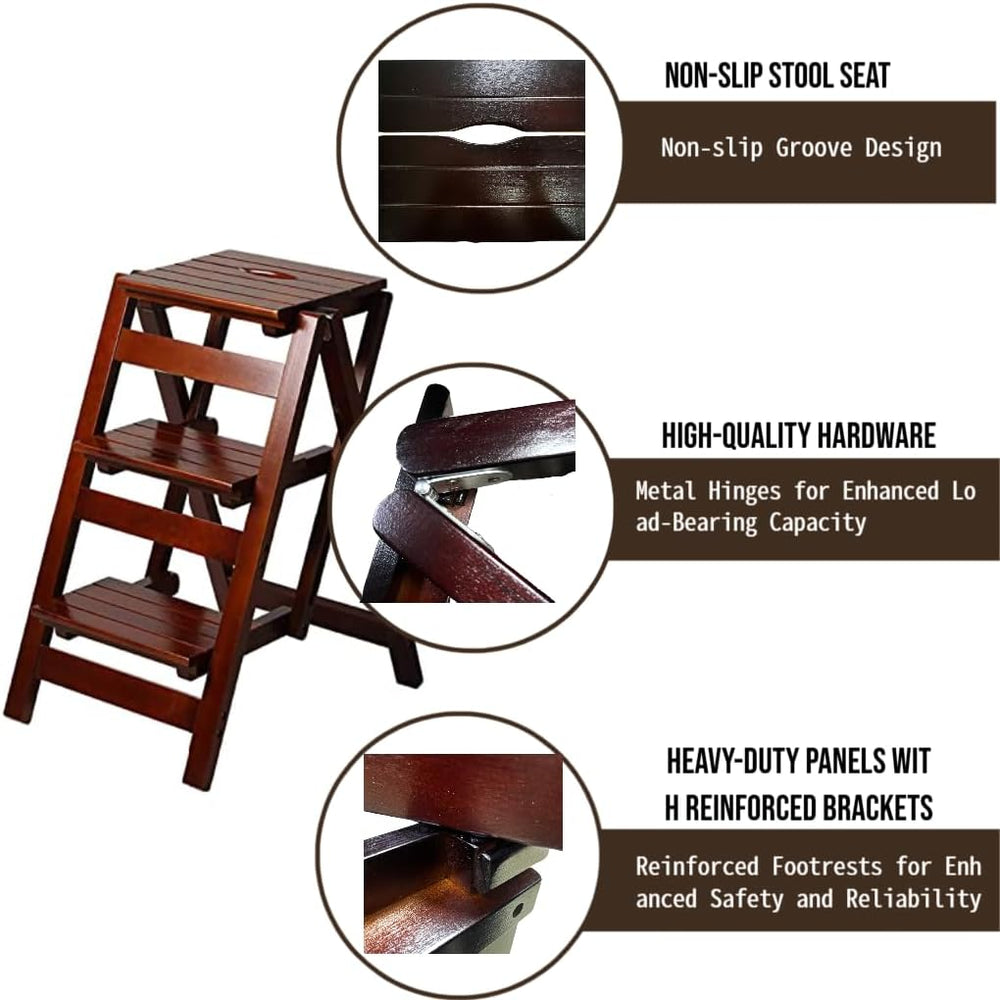 3 Step Stool Wooden Folding Ladder Chair Thickened Library Stair Chair Portab...