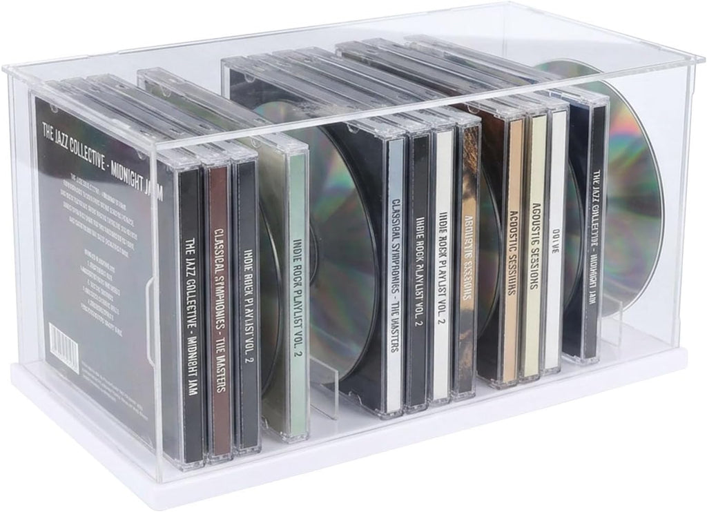 Clear Acrylic CD Holder Rack, Stackable CD Storage Box with Dustproof Door, DVD Display Case and Media Organizer for Music Disc, Blu Ray, Game Cases, Cassette, Shelf or Desktop