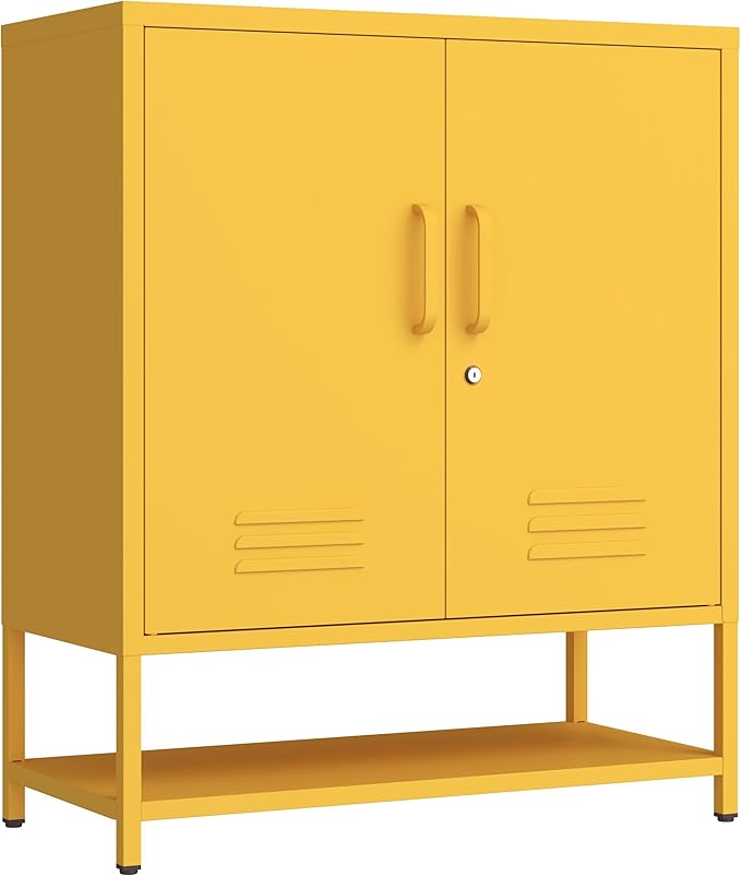 Metal Shoe Storage Cabinet with Lock, 2-Door Multifunctional Shoe Organizer with Adjustable Shelf & Bottom Shoe Rack, Freestanding Entryway Furniture, Yellow 33" H X 29.5" W X 13.8" D