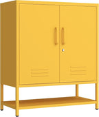 Metal Shoe Storage Cabinet with Lock, 2-Door Multifunctional Shoe Organizer with Adjustable Shelf & Bottom Shoe Rack, Freestanding Entryway Furniture, Yellow 33" H X 29.5" W X 13.8" D