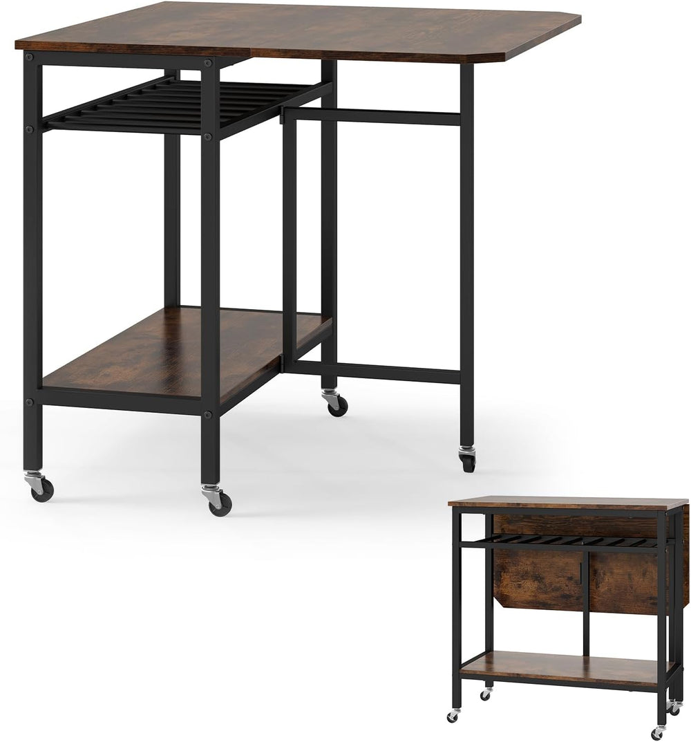 GOFLAME Folding Dining Table, Rolling Kitchen Table with Wine Rack and Storag...