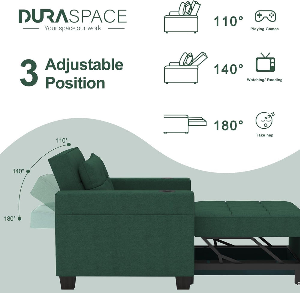 36" 3-in-1 Sleeper Chair, Convertible Pull Out Sofa Bed, Green Linen