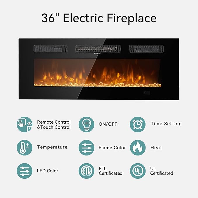 MXV 70'' Floating TV Stand, Modern Media Entertainment Center with 36" Electric Fireplace, TV Console Cabinet Wall Mounted, Adjustable 12-Color LED Lights, for Living Room, Black + Black