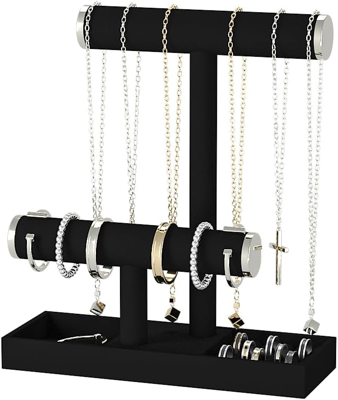 Bracelet and Necklace Holder,Velvet Jewelry Necklace Display Organizer Stand,bracelet Holder for Selling,Bracelet and Necklace Storage Tree (Style 2（Black+ Metal lid）)