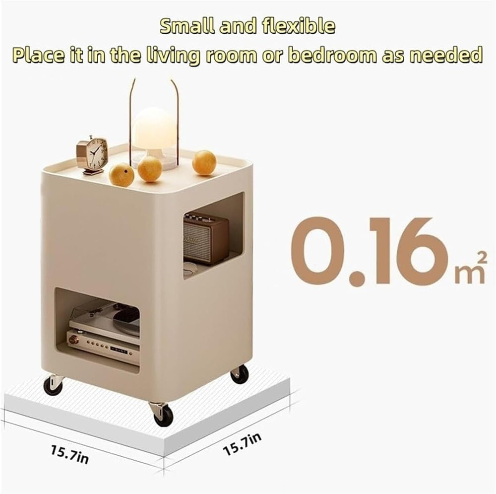 Cream Style Side Table with Wheels Mobile TV Tray Cart Square Bedside Table w...