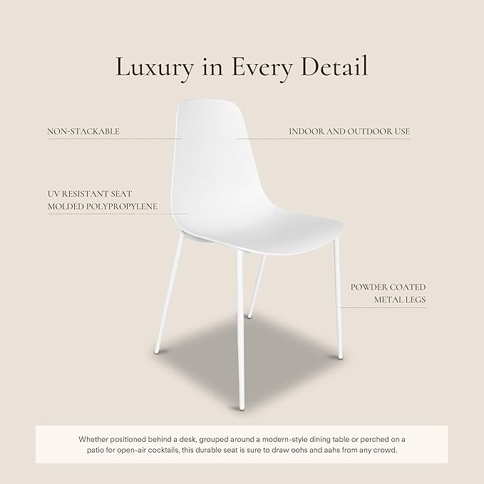 POLY & BARK Isla Modern Dining Chairs Set of 4 – Mid Century Modern Plastic Dining Chair with Metal Legs – Kitchen & Dining Room Chairs – Indoor/Outdoor – White
