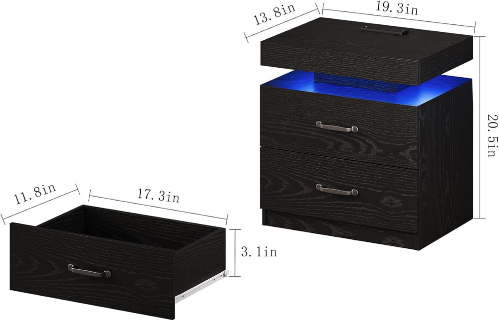 Black Nightstand with Charging Station, Modern Night Stand with LED Lights, E...