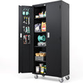 VINGLI 72'' Tall Garage Storage Cabinet, Metal Storage Cabinet with Pegboards, Wheels, Locking Doors and Adjustable Shelves (Black, 32''W x 16''D x 72''H)