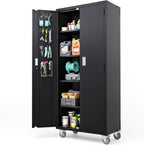 VINGLI 72'' Tall Garage Storage Cabinet, Metal Storage Cabinet with Pegboards, Wheels, Locking Doors and Adjustable Shelves (Black, 32''W x 16''D x 72''H)
