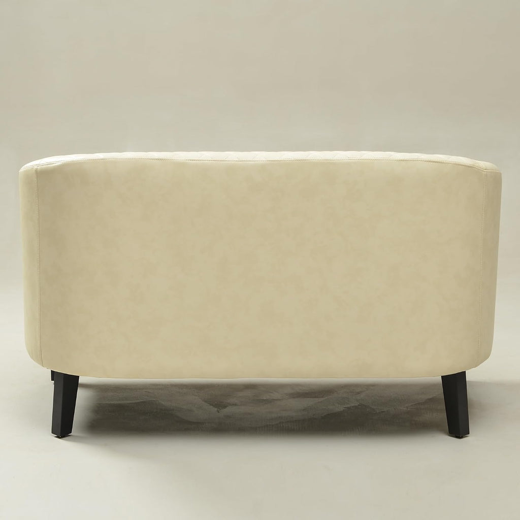 50" Faux Leather Small Barrel Love Seats Set of 2, Diamond Tufted Back Compact Loveseats Sofas with Nailhead Trim, Modern 2-Seater Couches with Solid Wood Legs for Small Spaces, Apartments, Cream