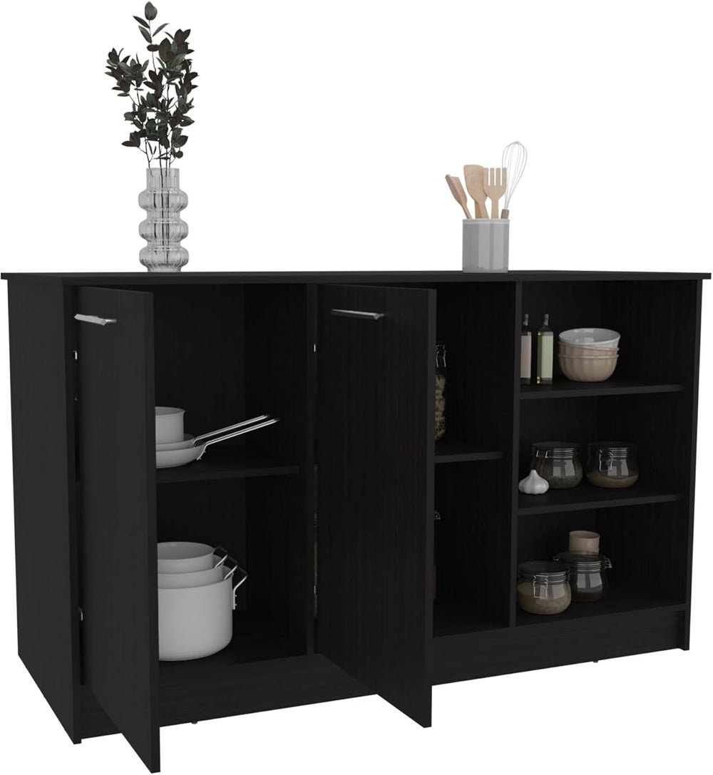 Kitchen Island with Three Open Shelves and Two Cabinets | Spacious countertop...