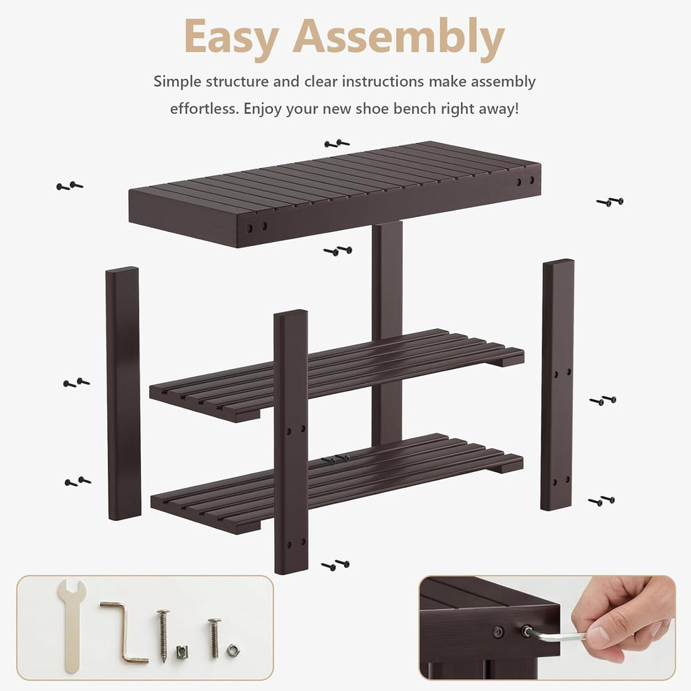 NEWBULIG Shoe Rack Bench, 3-Tier Bamboo Shoe Organizer, Wooden Entryway Stora...