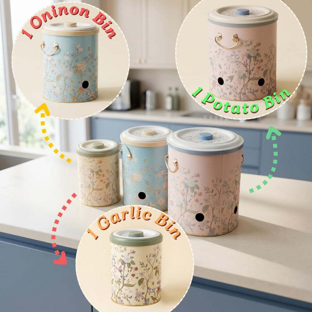 MARIA ROMA Metal Potato and Onion Storage Bin Set of 3 with Garlic Keeper - V...