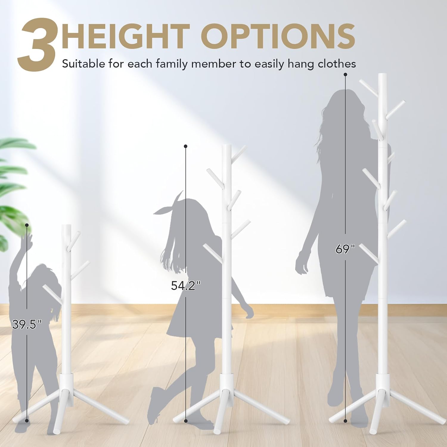 Wooden Coat Rack Freestanding with 8 Hooks,Easy Assembly New Zealand Pine Tree Coat Racks, 3 Adjustable Sizes for Clothes, Hats, Bags, for Entryway, Hallway, Bedroom, Office (White, 1 PC)