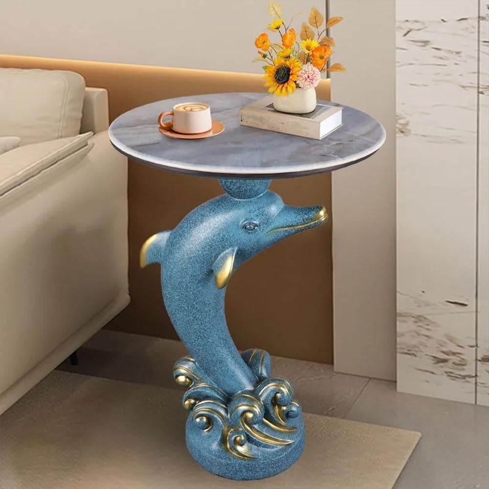 Dolphin Statue Side Table, Resin Pedestal End Table for Living Room, Ocean Co...