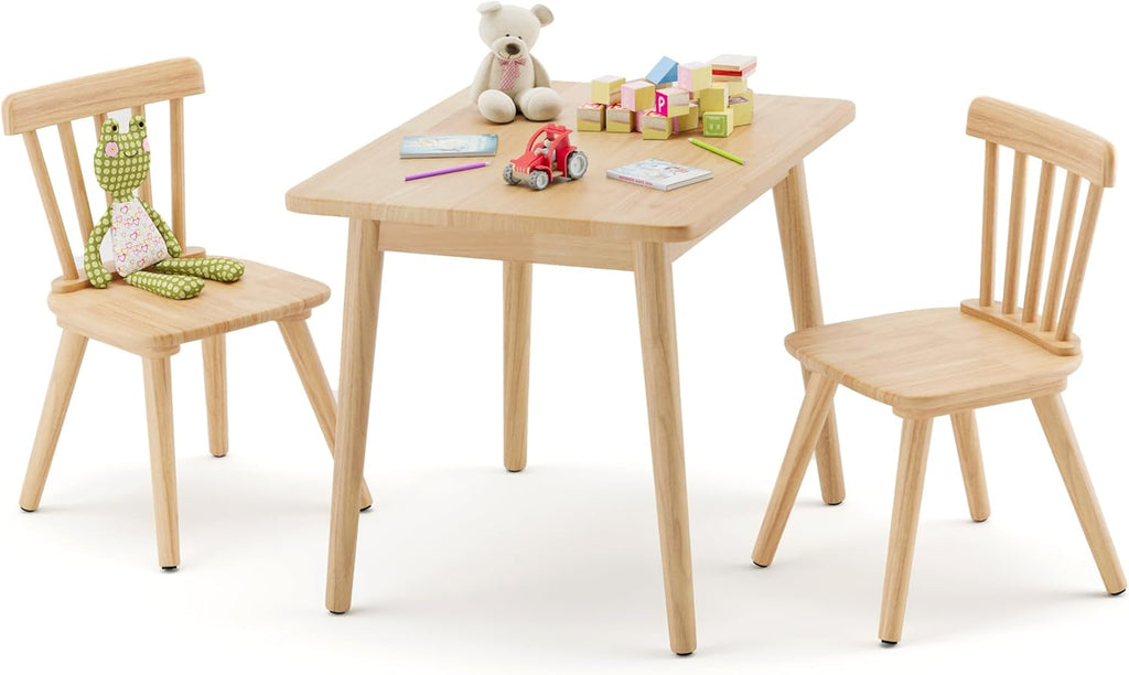 Curipeer Windsor Kids Table and 2 Chair Set, Rubberwood Children Toddler Table and Chair Set with Non-Slip Legs/Round Edge Design for Art, Play, Craft, Activity, Natural Wood