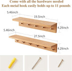 Oak Wood Coat Rack Wall Mount With Shelf 20 Inch Long, 5 Hooks, Floating Entryway Wall Shelf for Bathroom, Hallway, Living Room