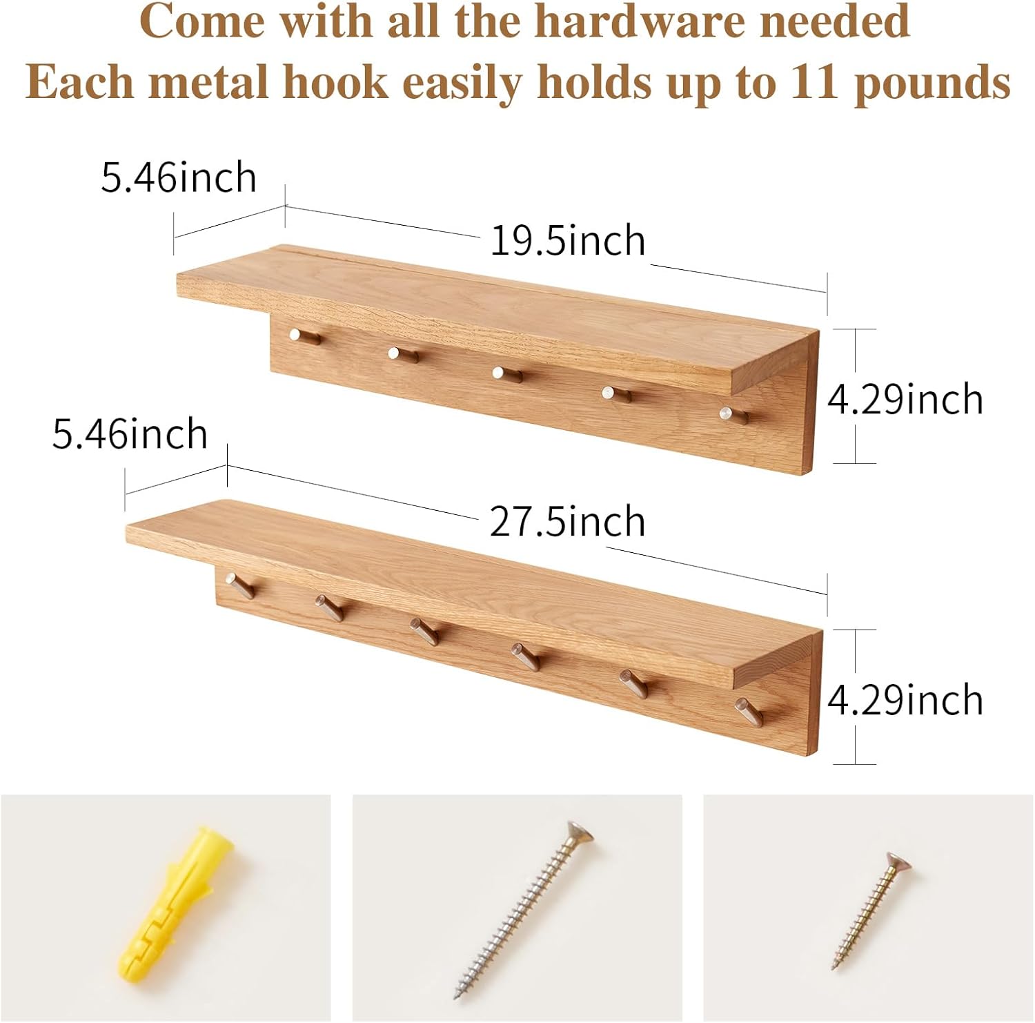 Oak Wood Coat Rack Wall Mount With Shelf 20 Inch Long, 5 Hooks, Floating Entryway Wall Shelf for Bathroom, Hallway, Living Room