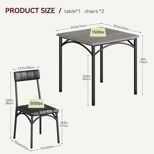 2-Person Dining Table Set (3 Pieces) - Square Kitchen Table with Upholstered Chairs | Ideal Small Space Dining Set for Apartments, Studios | Compact Kitchen Dining Set for 2 Adults/Kids