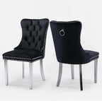 Velvet Upholstered Dining Chairs Set of 2, Modern Style Kitchen Side Chairs with Nailhead Trim and Silver Plated Leg, Metal Pulling Ring for Dining Room Living Room(Black,Set of 2)