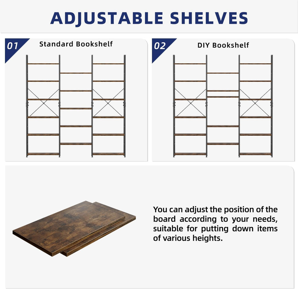NUMENN Triple Column 6 Tier Bookshelf, Bookcase with 17 Open Display Shelves, Adjustable Rustic Industrial Style Book Shelves, Modern Bookshelves for Bedroom, Living Room and Home Office, Vintage
