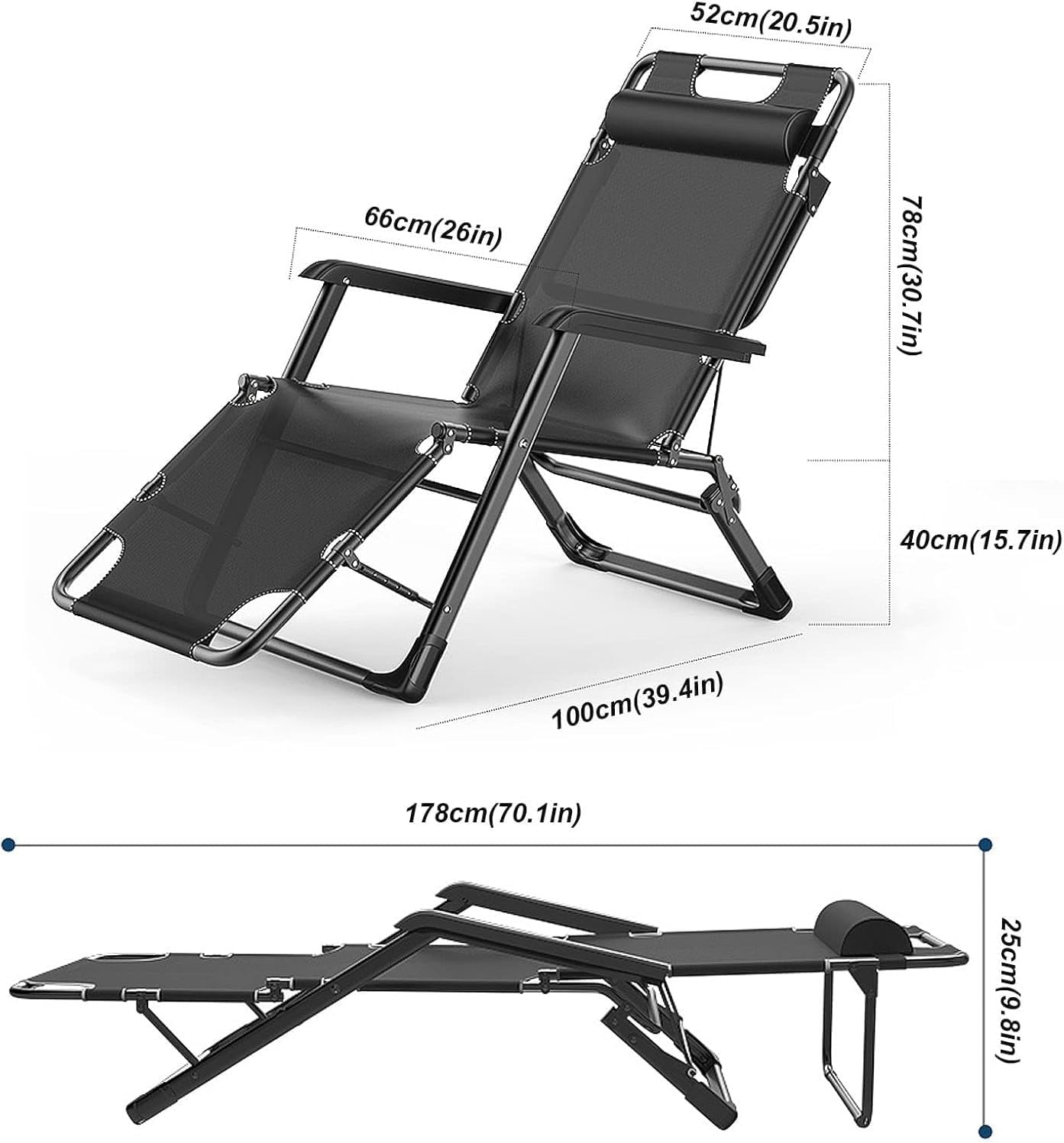Portable Lounge Chairs Folding Reclining Chairs Sun Patio Chaise Pool Lawn Chaise with Soft Cushion(Recliner)