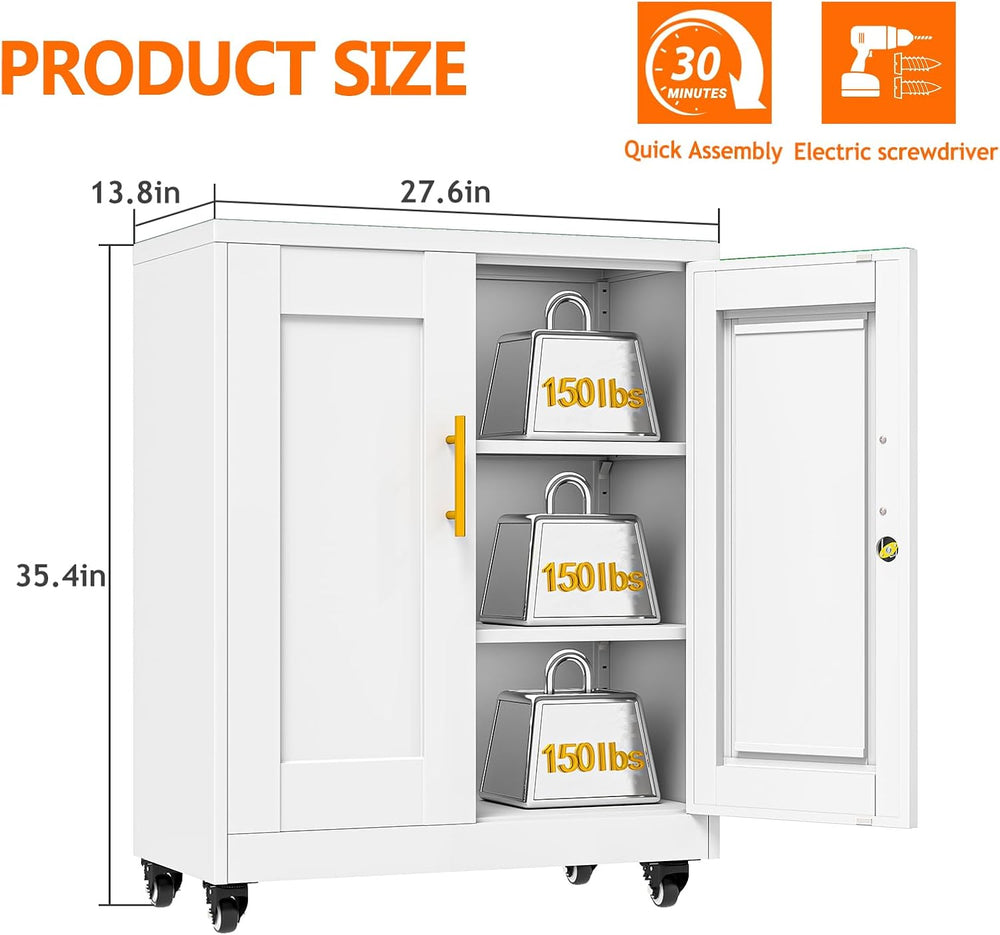 Metal Storage Cabinet with Wheels, 36" Tall Locking Storage Cabinet with...