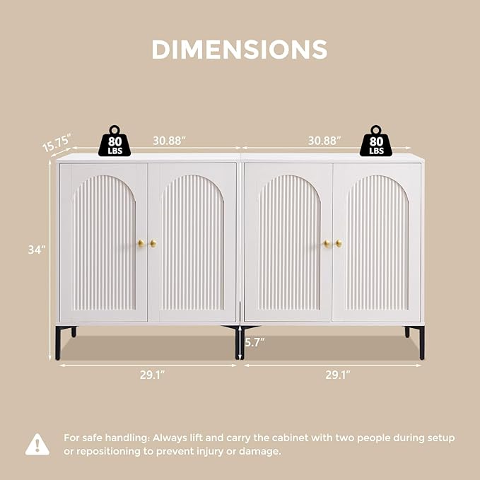 Modern TV Stands for 85 Inch TVs, 123.5‬"W Wood Entertainment Center w/Adjustable Shelves, Mid Century Modern TV Stand w/Arched Fluted Doors, Media Console Cabinet for Living Room, White