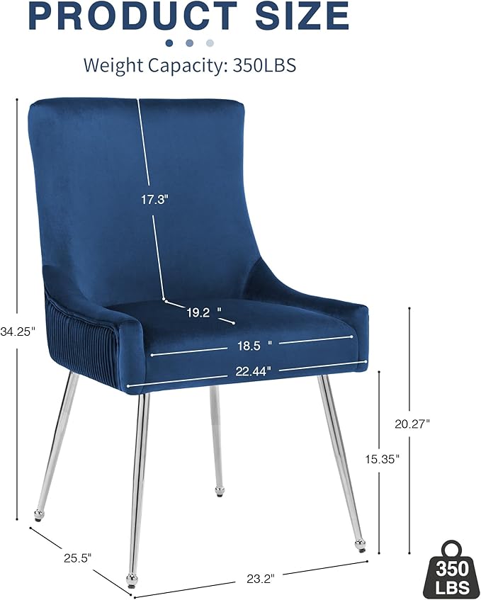 Velvet Dining Chairs Set of 6 with Silver Metal Legs, Modern Upholstered Kitchen Chair with Pull Handle & Pleated Back, Mid Century Accent Chair for Vanity,Dining,Kitchen,Living Room, Dark Blue