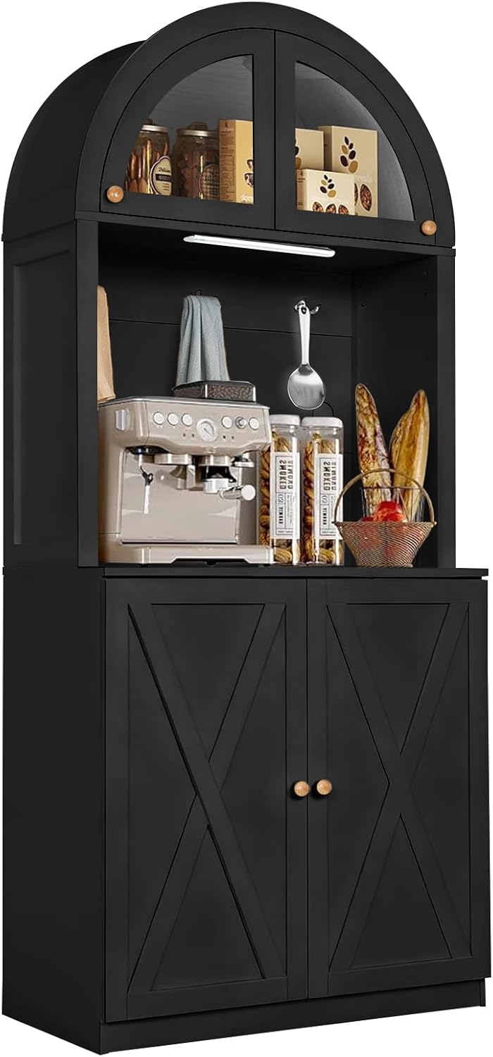 71" Tall Arched Kitchen Pantry Cabinet, Farmhouse Storage Cabinet with L...