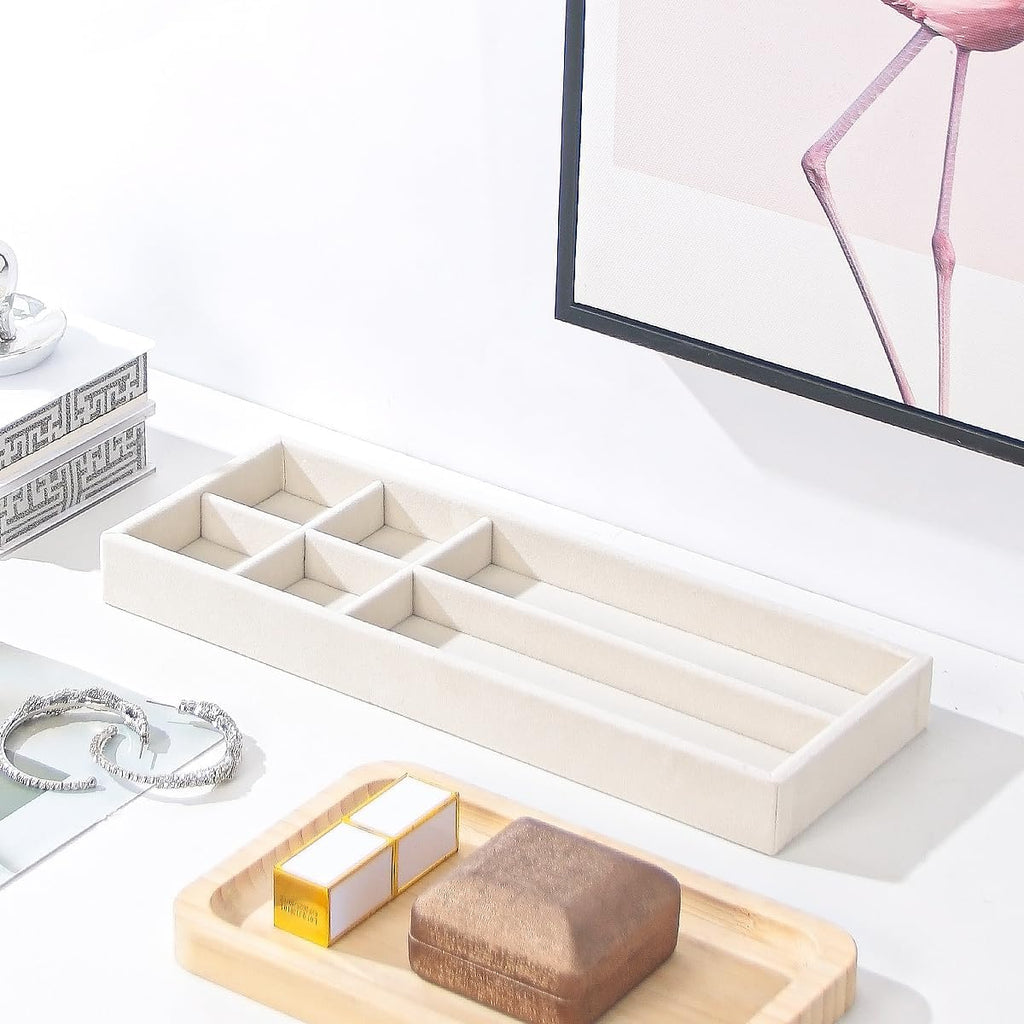 2Pcs Desk Drawer Storage Tray, Nightstand Organizer, Necklace Bracelet Ring Earring Jewelry Display, Grid Table Organizer Holder for Sunglass, Phone, Watch, Perfume (6 grid)/Beige