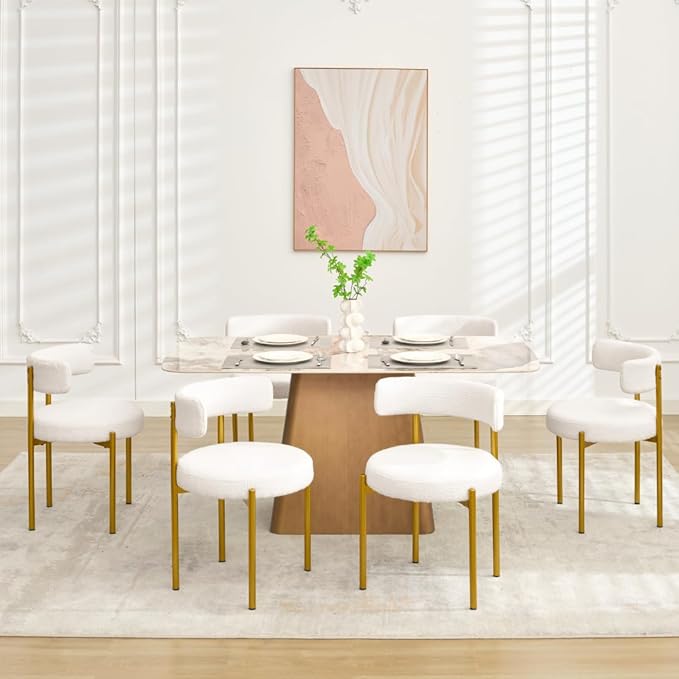 Boucle Dining Chairs Set of 6, White Dining Chairs with Upholstered Seat and Gold Legs, Mid-Century Modern Kitchen Chairs for Dining Room, Restaurant