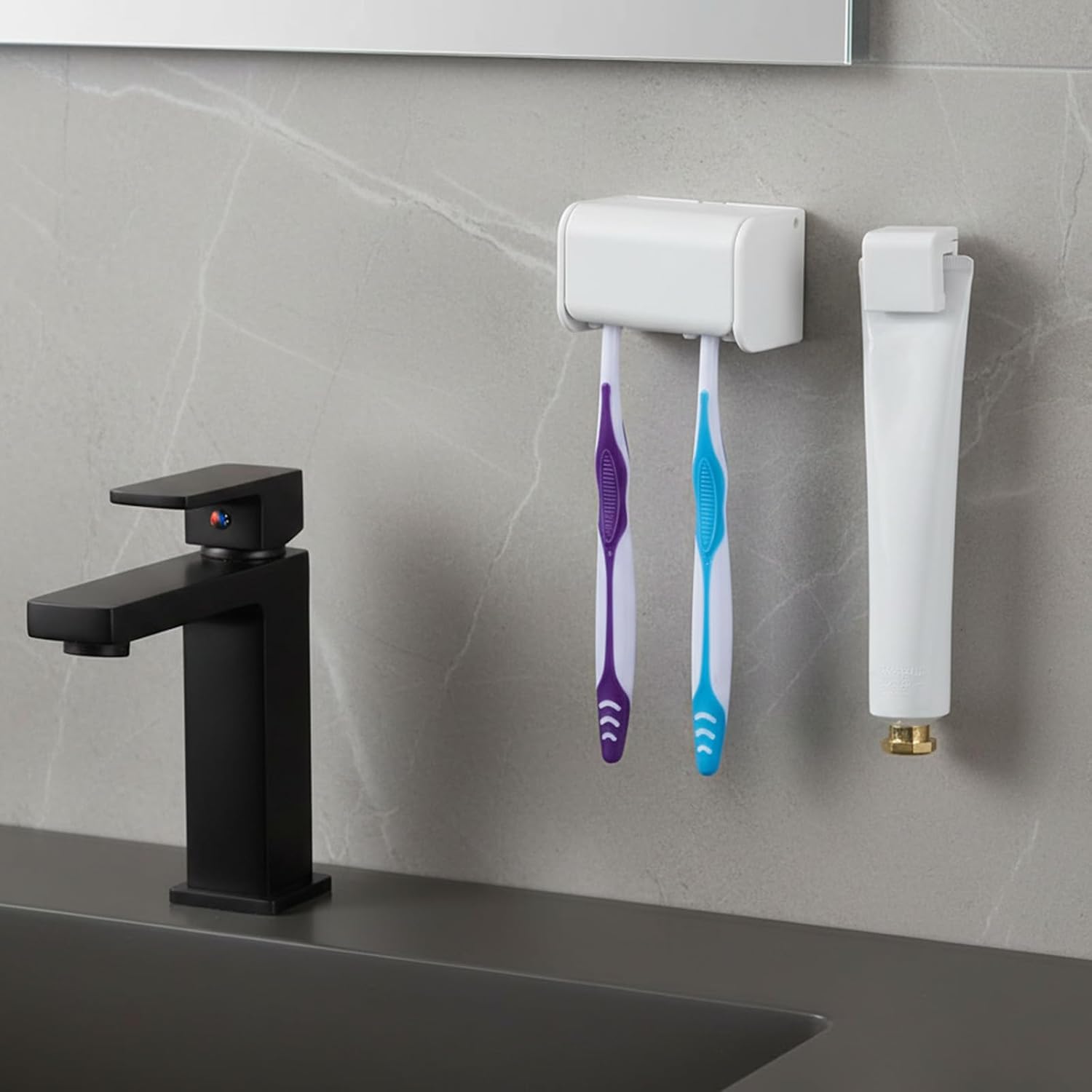 2Pcs Toothbrush Holder Wall Mounted with Cover, 2 Slots Toothbrush Storage Organizer for Shower Self-Adhesive Toothbrushes Hanger Toothpaste Clip Moisture-Proof and Dust-Proof for Family and Travel