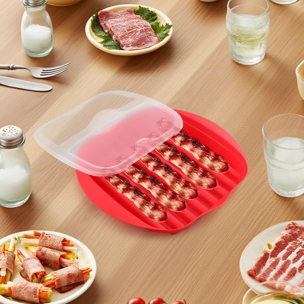 Microwave Bacon Cooker Tray with Vented Lid - Crisper Pan for 4-6 Slices in 3 Minutes, Splatter Shield & Fat Draining Tray for Healthy Cooking, Also for Sausages & Patties(Color:Red)