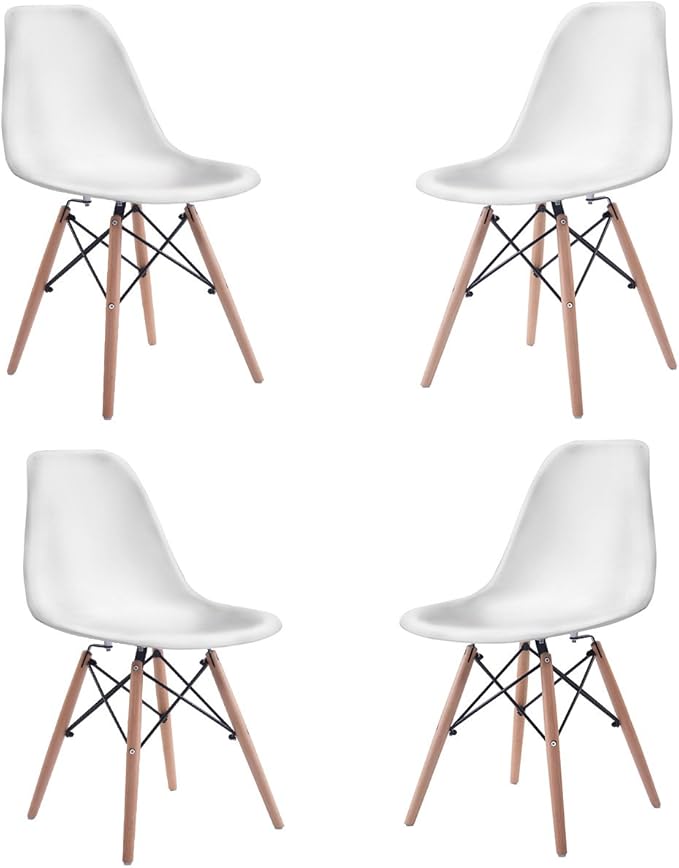 COSTWAY Dinning Chair Set of 4, Mid Century Modern Eiffel DSW Style Shell Molded Plastic Chair for Kitchen, Dining, Living Room, Bedroom, Lounge Side Chairs with Wood legs, White